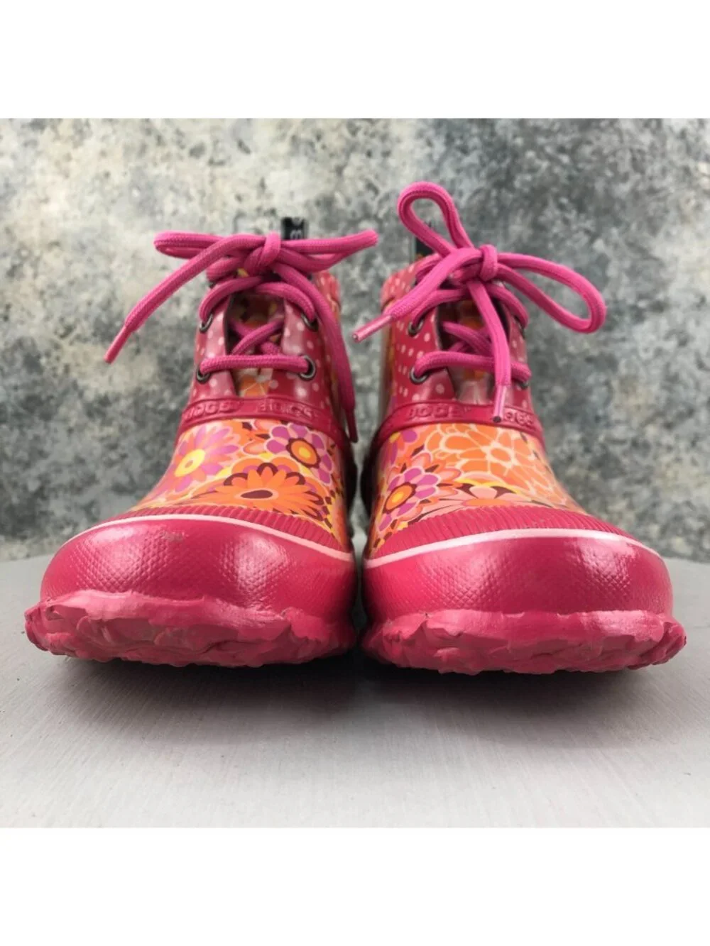 Bogs Kids Size 6 Charlot Pink Orange Floral Print Lace-Up Ankle Rain Boots